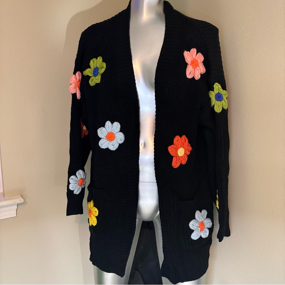 BloomChic Black Cardigan with Colorful Embroidered Floral Accents